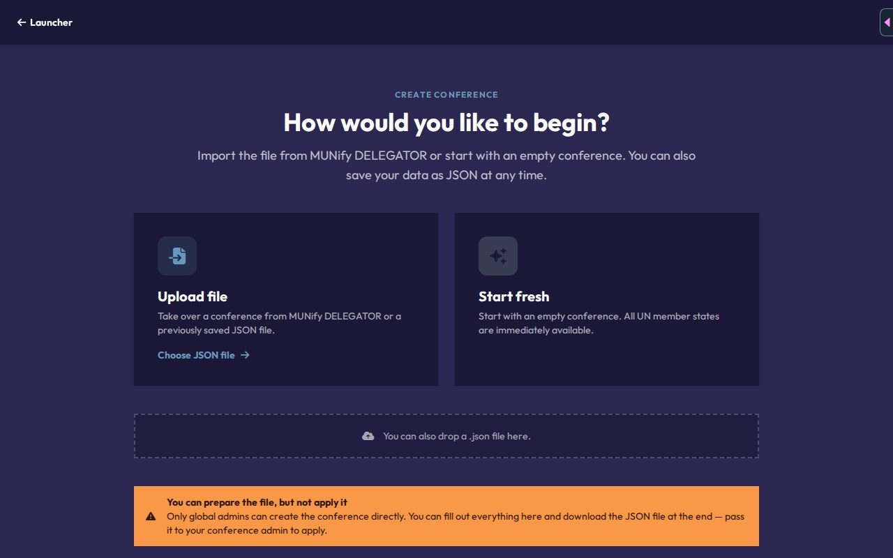 The "How would you like to begin?" screen, with Upload file and Start fresh options, and a note that only Global Admins can create the conference directly