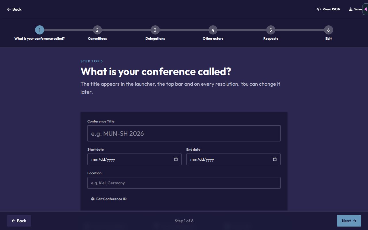 Step 1 of the import wizard, asking for the conference title, dates, and location