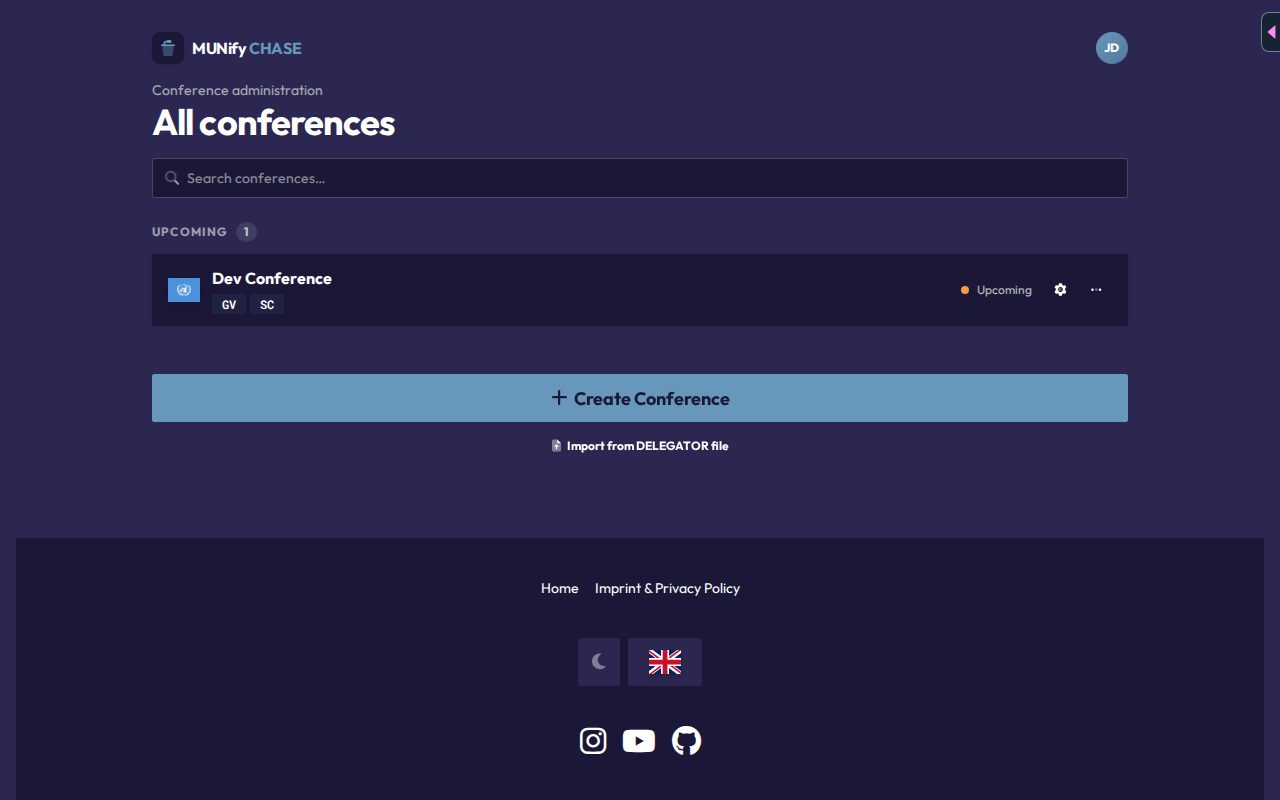The Global Admin launcher listing all conferences grouped by Active, Upcoming and Past