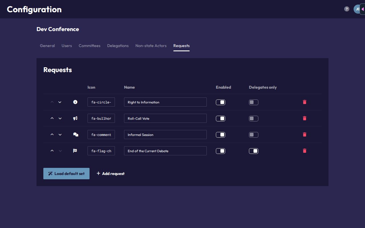 The Requests tab with request types, their icons, and the Enabled and Delegates only toggles