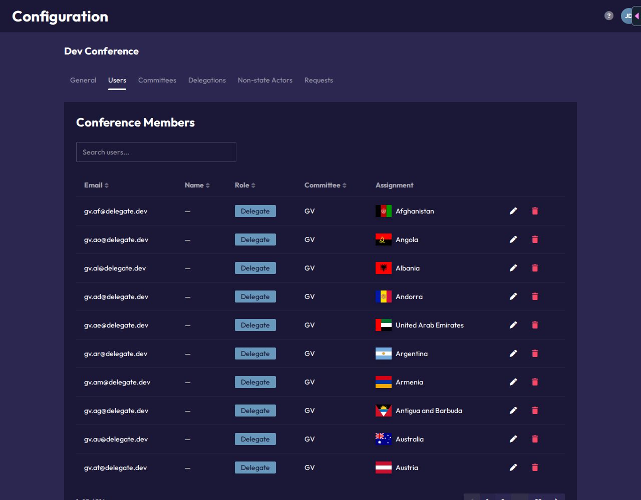 The Users tab, listing conference members with their email, role, committee, and assignment, plus an Add Member form