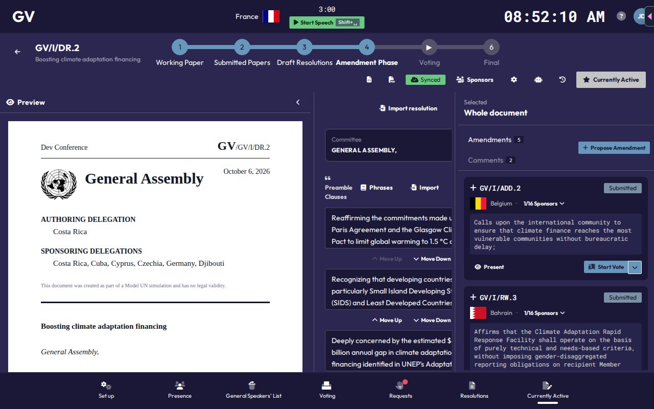 The chair's amendment queue, with a Start Vote action per amendment