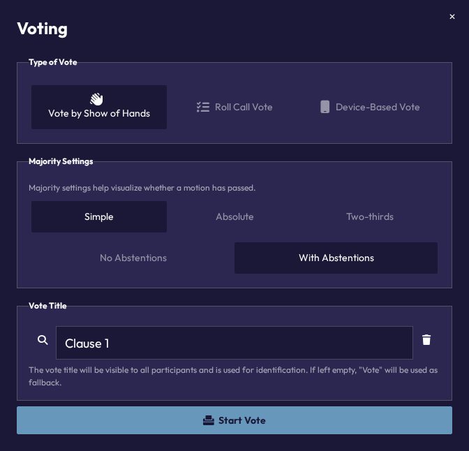The clause vote setup dialog, pre-filled with a vote title for the selected clause