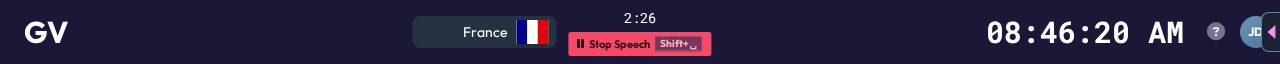 The speech widget in the chair top bar, showing speaker, timer and the next action