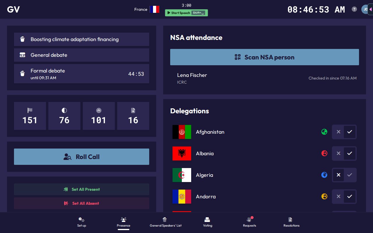The chair Presence page, showing roll call, delegation toggles, and NSA attendance scanning