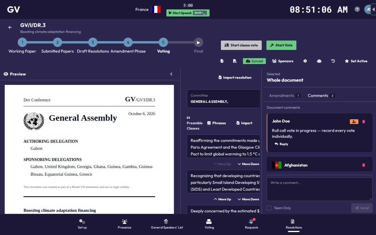 A draft resolution in the Voting step, with Start clause vote and Start Vote actions