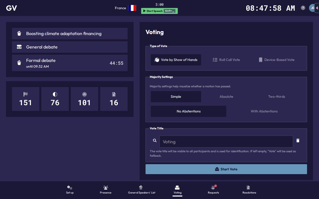 The voting setup form, showing vote type, majority settings, and vote title