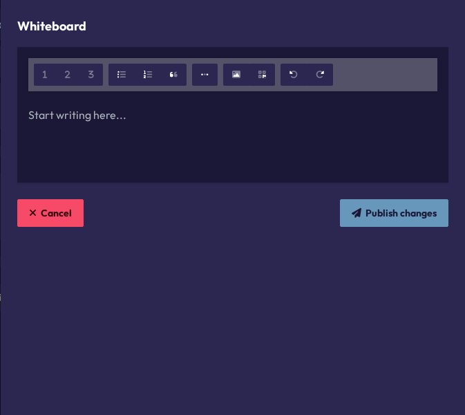 The whiteboard editor modal, with a formatting toolbar and an empty writing area