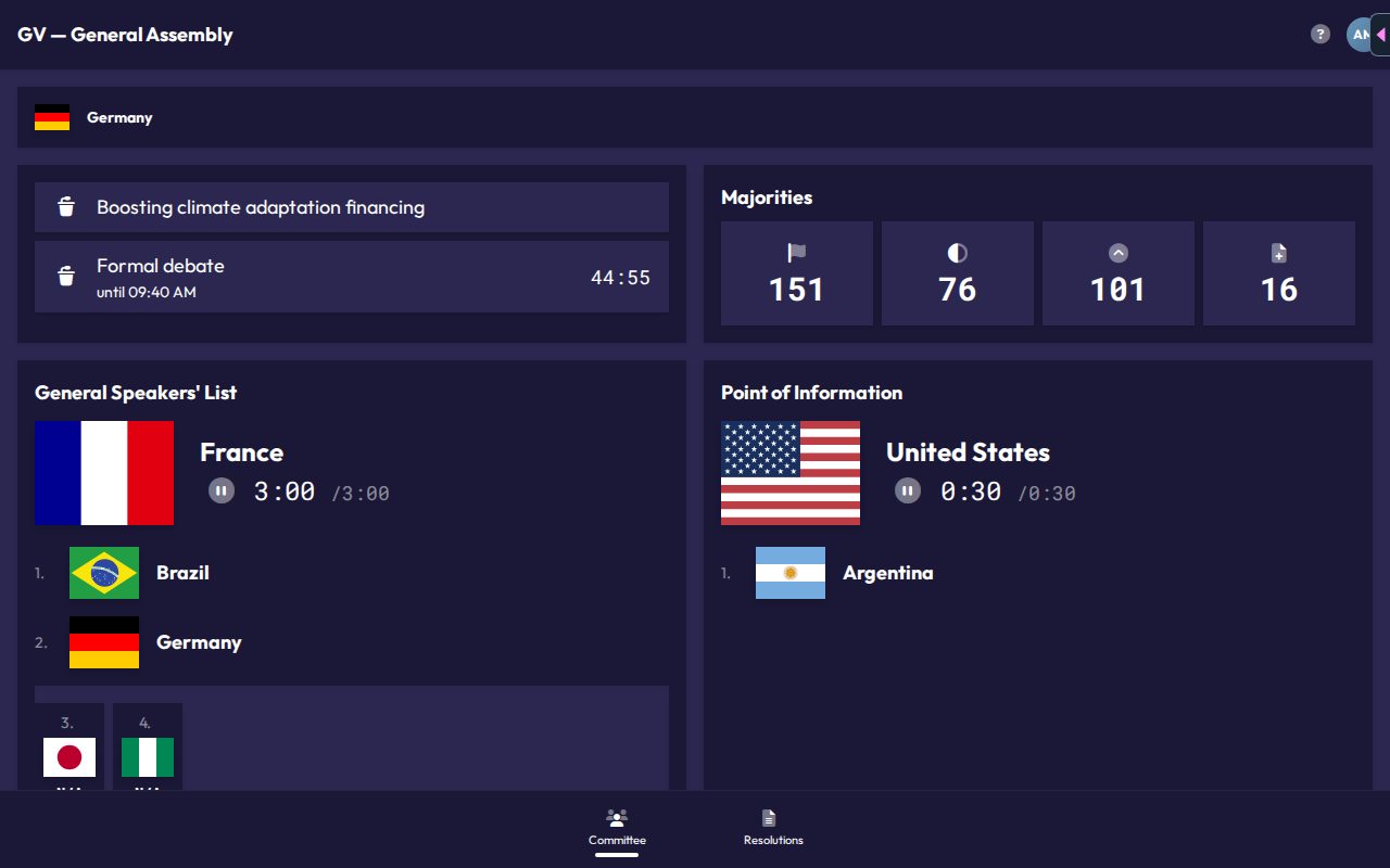 A participant's committee dashboard showing the current status, majorities, speakers lists and requests