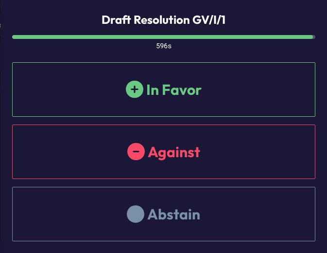 The device-based voting screen with In Favor, Against and Abstain buttons and a countdown