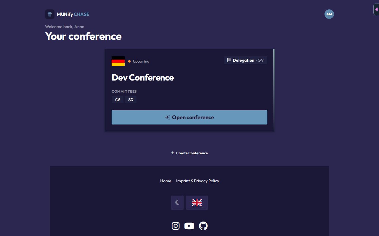 The conference launcher, showing a conference card with role badge, committees and an "Open conference" button