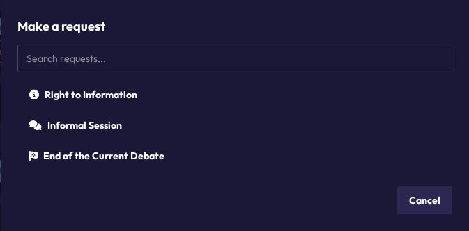 The "Make a request" dialog with a search field and the list of available requests