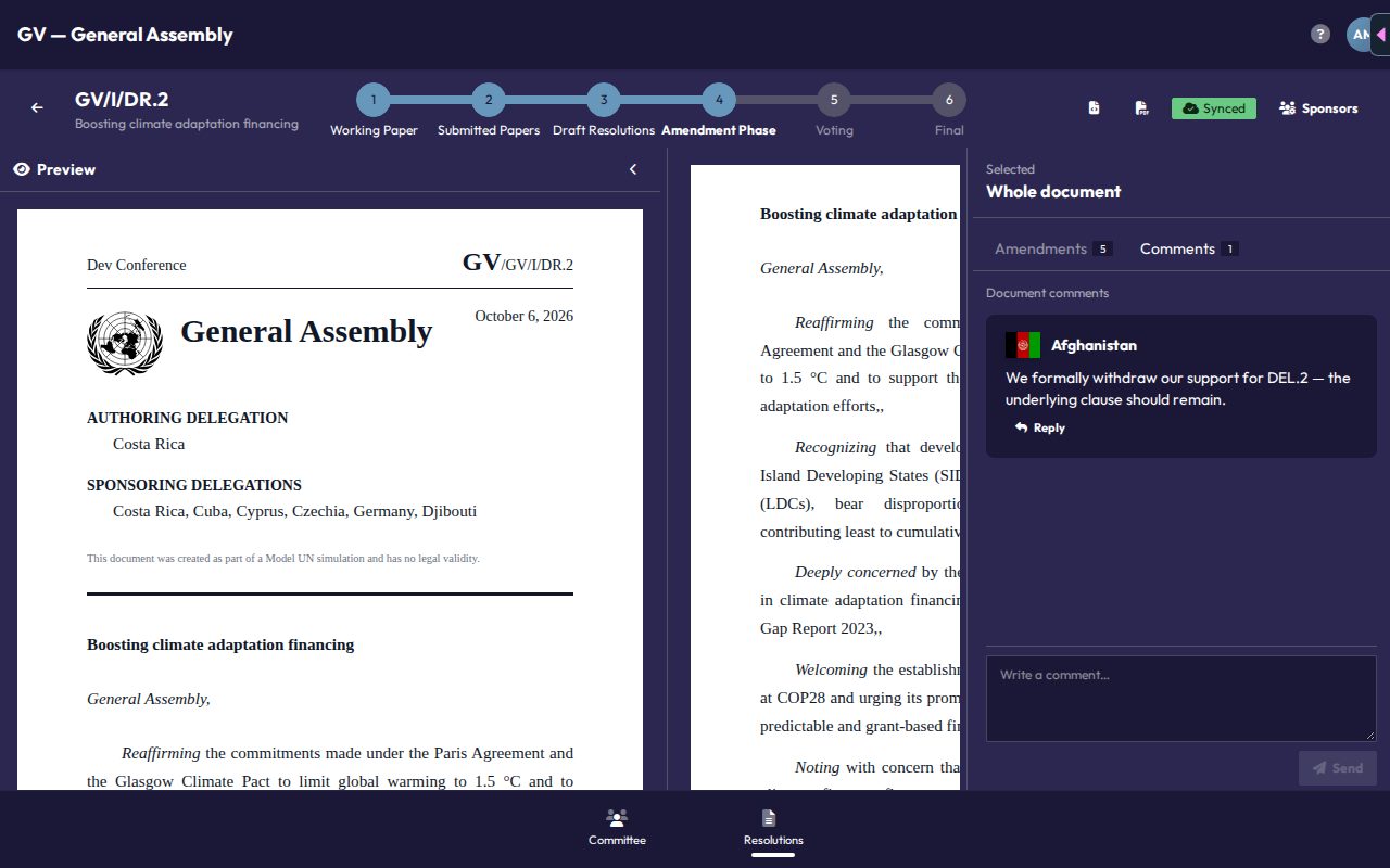 The collaborative resolution editor, showing the preview panel, operative clauses with inline amendments, and a comments panel