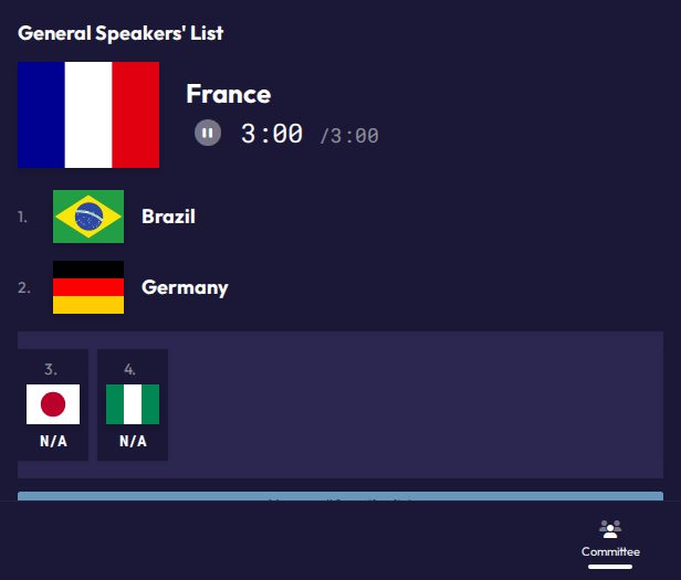 A participant's dashboard showing the General Speakers' List and Point of Information queue