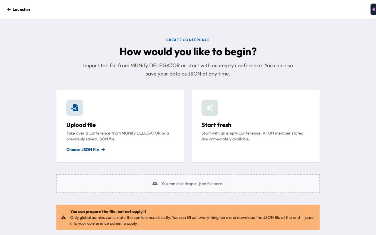 The "How would you like to begin?" screen, with Upload file and Start fresh options, and a note that only Global Admins can create the conference directly