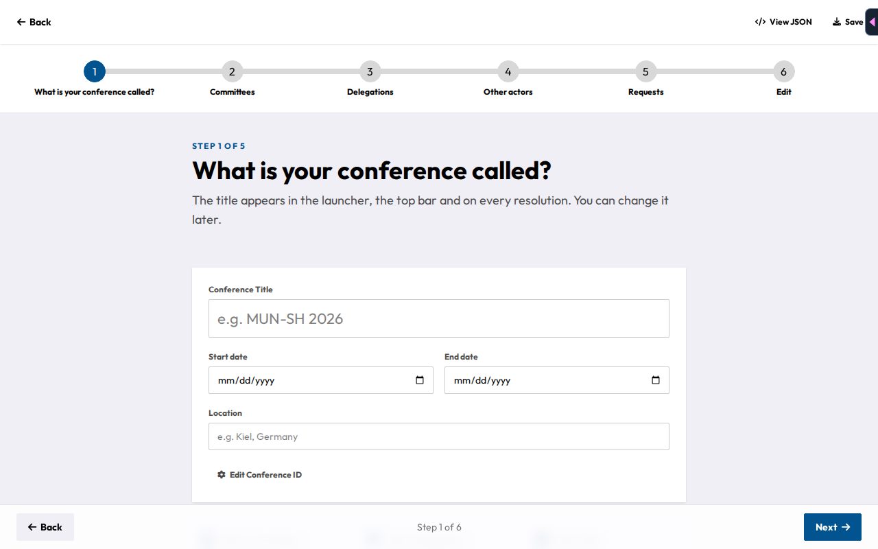 Step 1 of the import wizard, asking for the conference title, dates, and location