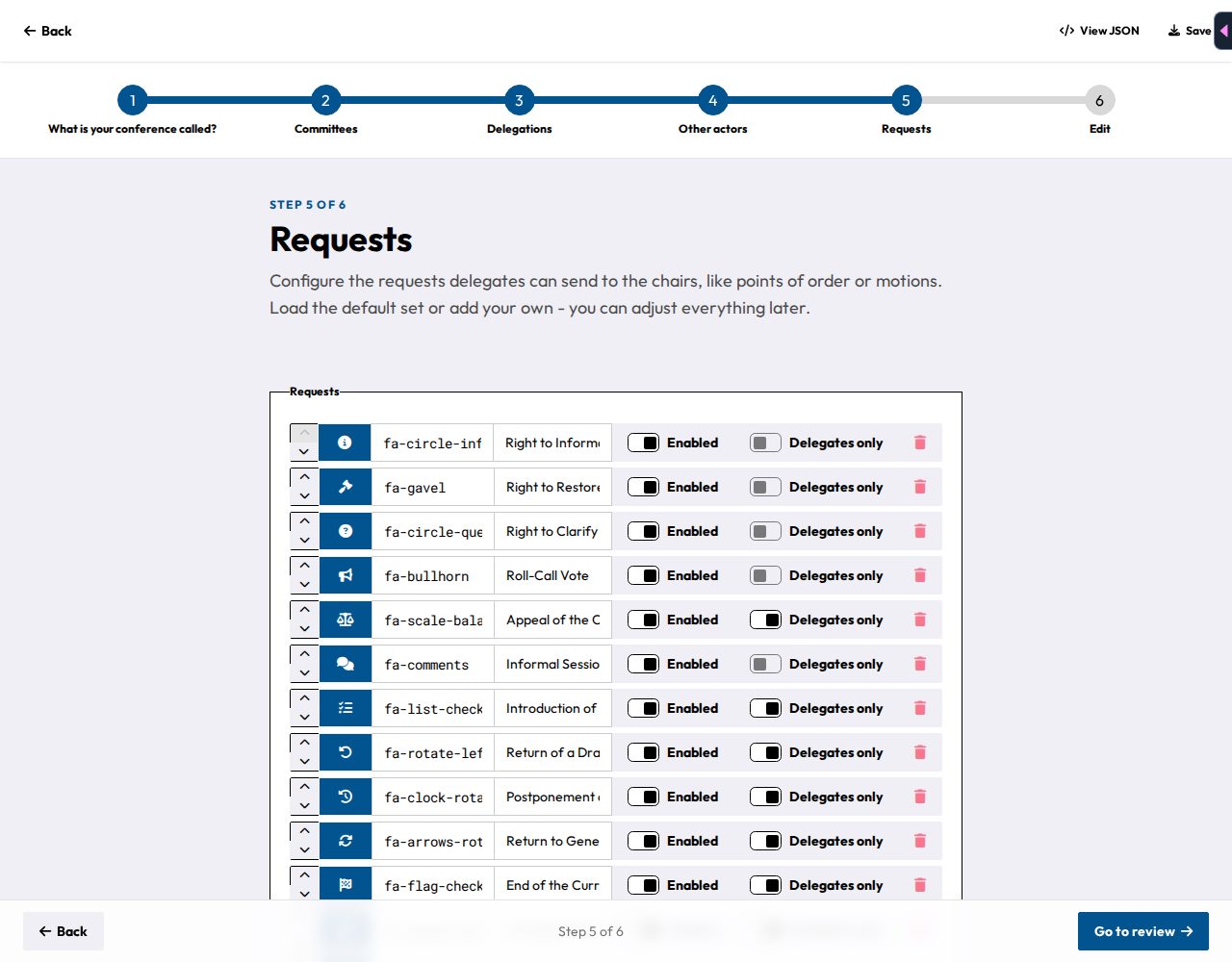 The Requests step of the import wizard with the default request types loaded