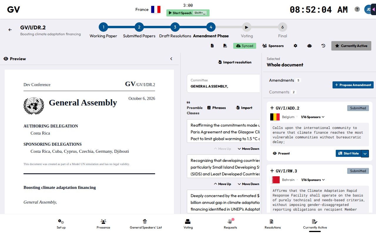 The chair's amendment queue, with a Start Vote action per amendment