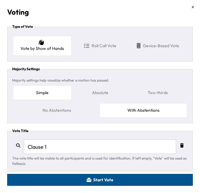 The clause vote setup dialog, pre-filled with a vote title for the selected clause