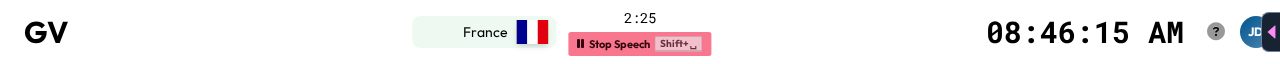 The speech widget in the chair top bar, showing speaker, timer and the next action