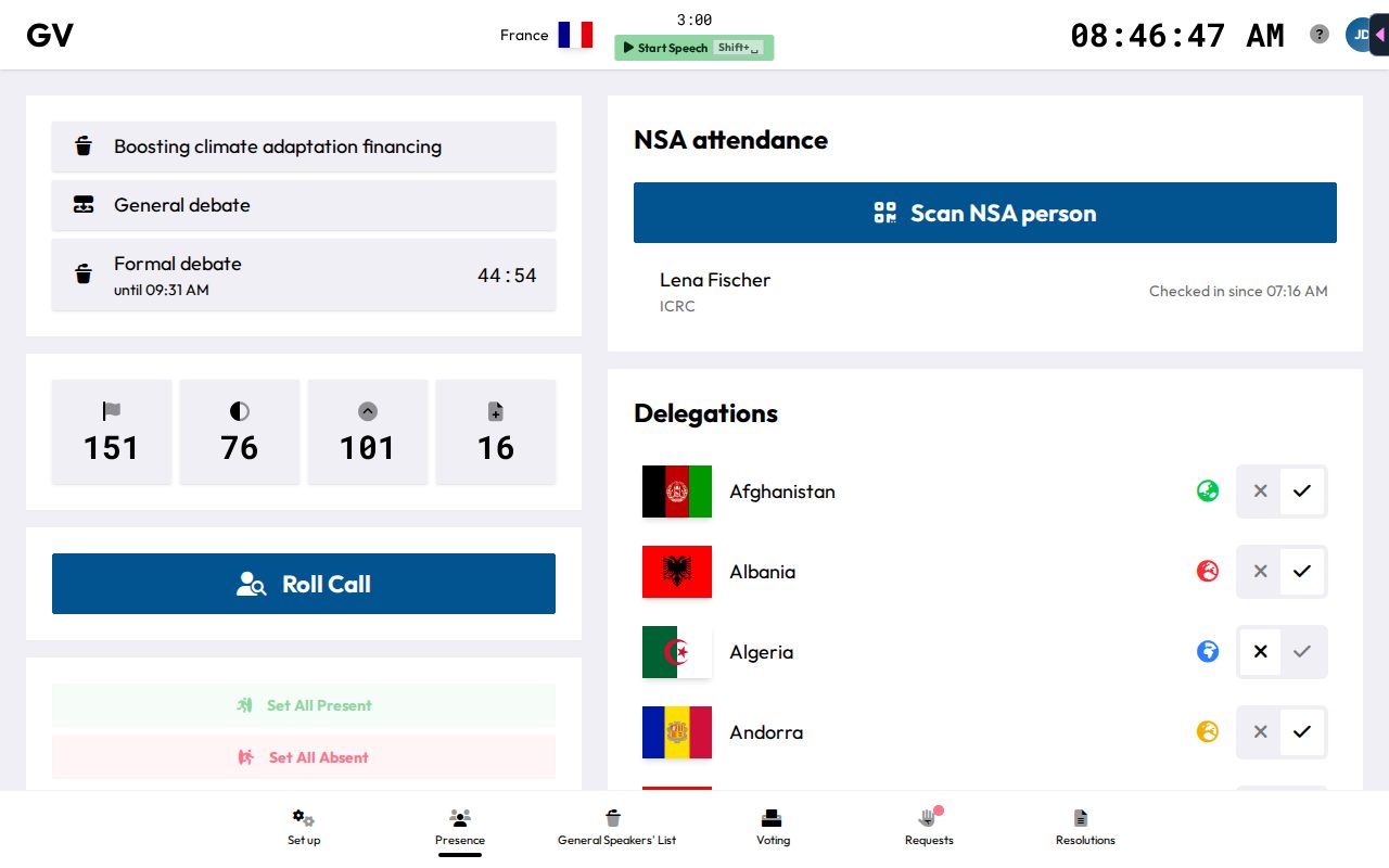 The chair Presence page, showing roll call, delegation toggles, and NSA attendance scanning