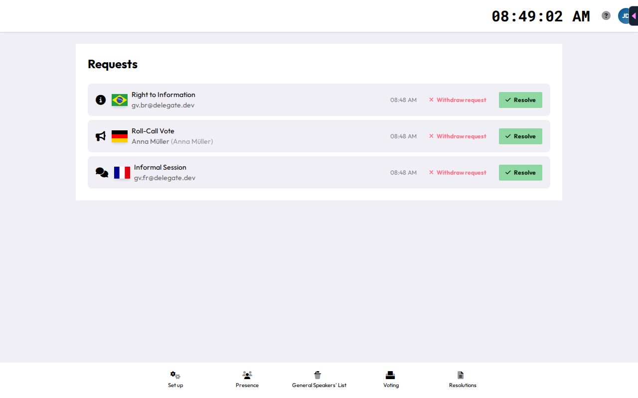 The chair Requests page, listing pending requests with Resolve and Withdraw request buttons