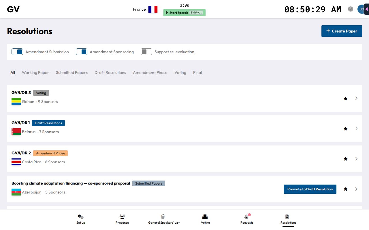 The chair's resolutions list, with phase toggles, status filters, and a Promote to Draft Resolution action