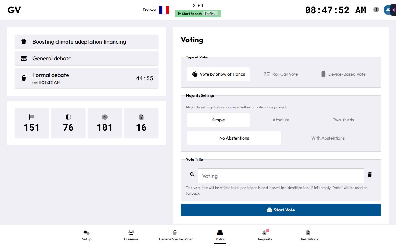 The voting setup form, showing vote type, majority settings, and vote title