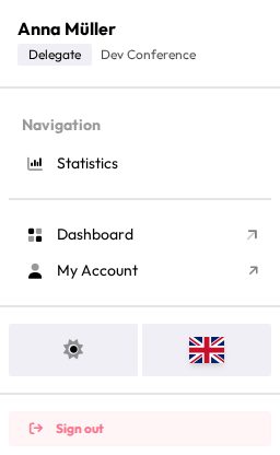 The menu open, showing the signed-in user's name, role, Statistics, Dashboard, "My Account", and "Sign out"