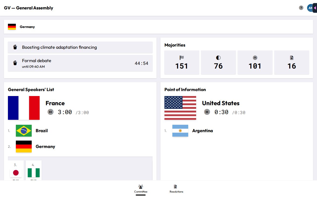 A participant's committee dashboard showing the current status, majorities, speakers lists and requests