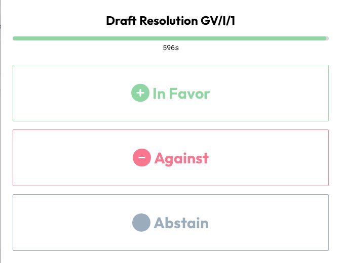 The device-based voting screen with In Favor, Against and Abstain buttons and a countdown