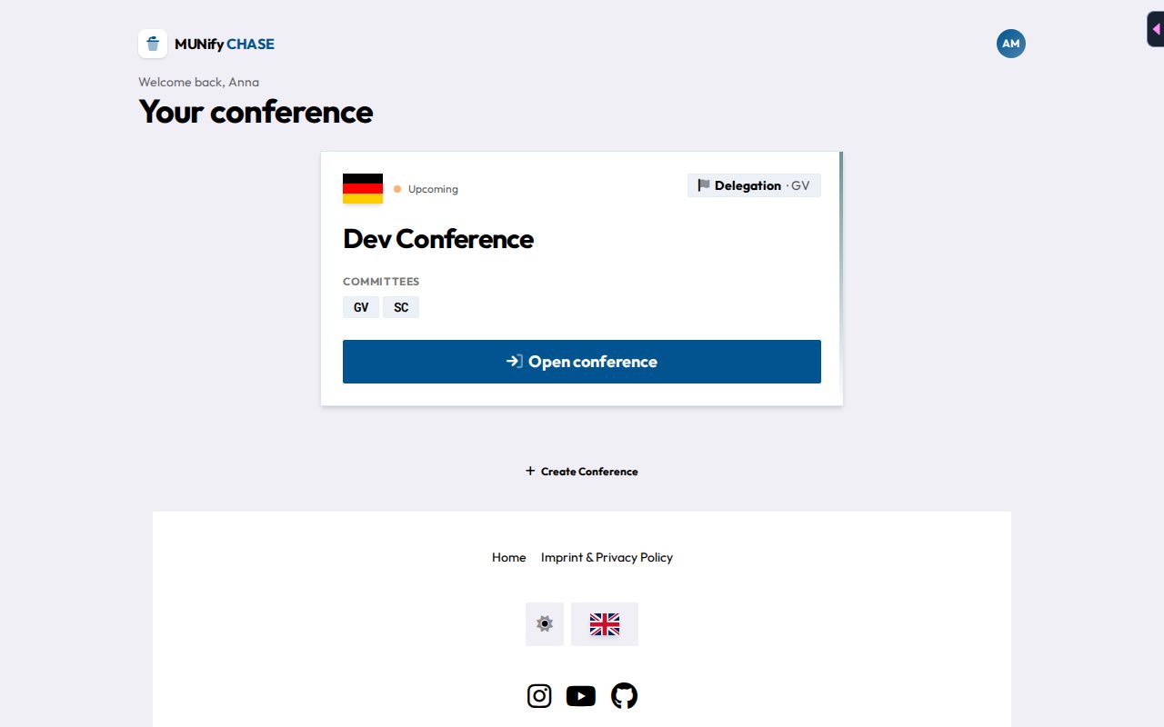 The conference launcher, showing a conference card with role badge, committees and an "Open conference" button