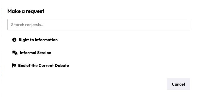 The "Make a request" dialog with a search field and the list of available requests