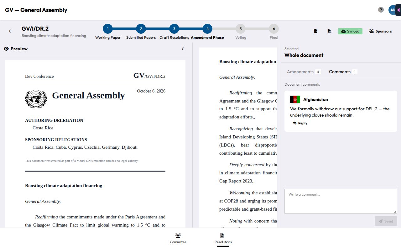 The collaborative resolution editor, showing the preview panel, operative clauses with inline amendments, and a comments panel