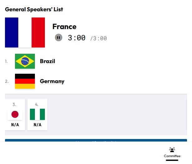 A participant's dashboard showing the General Speakers' List and Point of Information queue